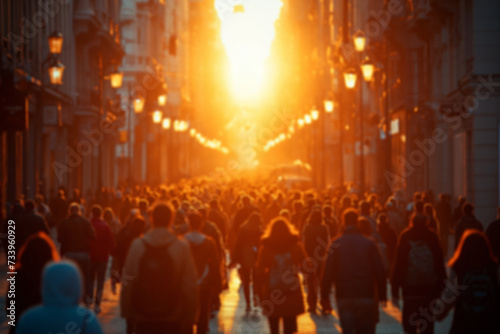 Busy street scene with crowds of people walking in the city at sunset. crowd of people in a shopping street, Busy street scene with crowds of people walking in the city. © Rattanapon