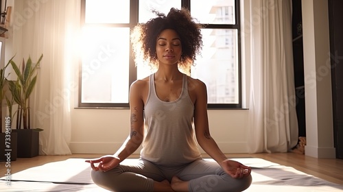 Young calm fit healthy African American woman wearing sportswear sitting at home in bedroom doing yoga exercise, meditating and breathing in the morning. Mental health and zen meditation concept