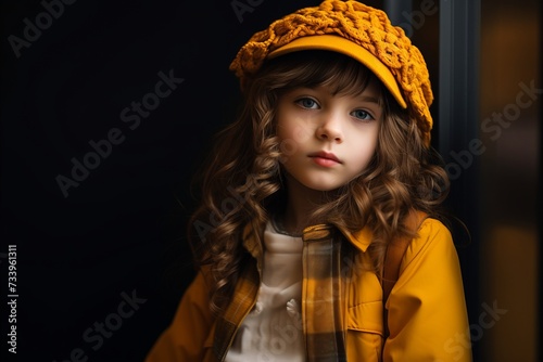 portrait of a beautiful little girl in a yellow hat and coat on a black background