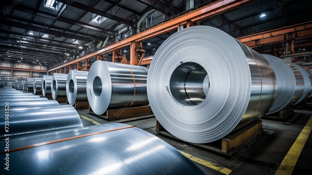 Rolls of galvanized sheet steel in the factory. Large rolls of metal coils in the warehouse.