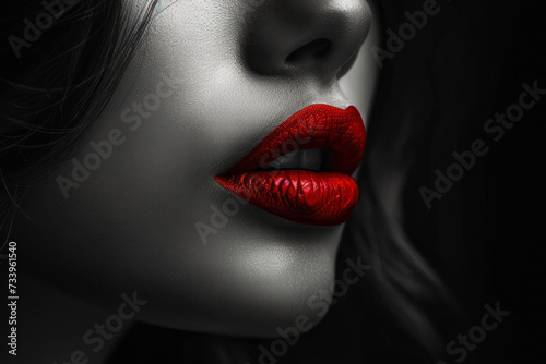 Glamour portrait of beautiful young female woman with red lips on black background. photo