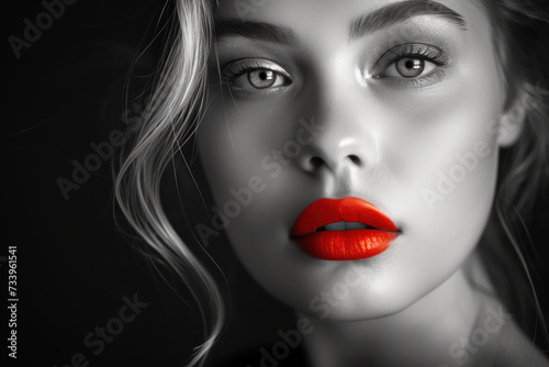 Glamour portrait of beautiful young female woman with red lips on black background.