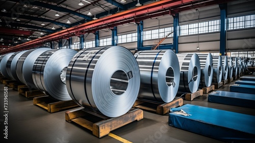 Rolls of galvanized sheet steel in the factory. Large rolls of metal coils in the warehouse.