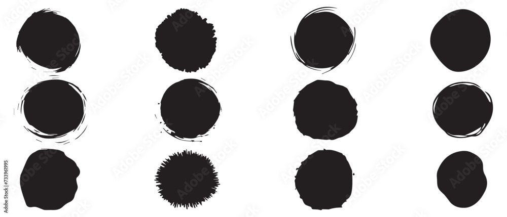 Brush circles round shape Stock black color design set. Brush circles round shape Stock black color design set.