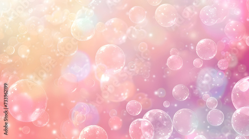 Soap bubbles float on a soft pastel background that is pleasing to the eye.