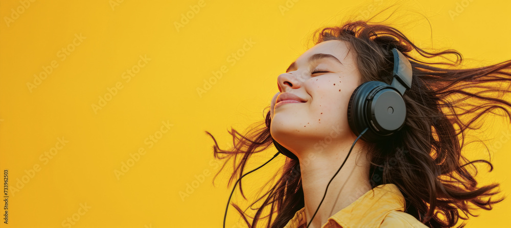 Bella mujer joven de 20 años  sonriente de pelo largo suelto, escuchando música con unos auricularess negros y camisa amarrilla, sobre fondo amarillo con espacio vacio para publicidad - obrazy, fototapety, plakaty 