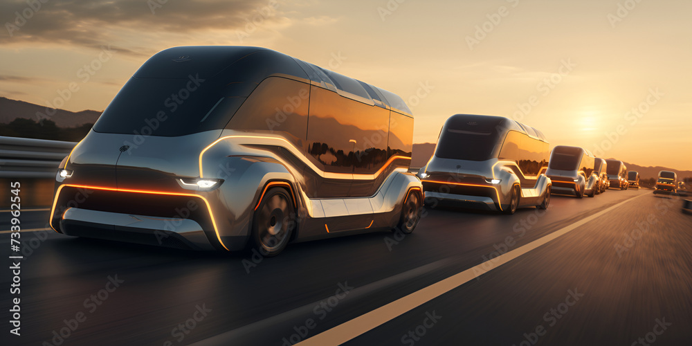 Modern Transport Image A photo of a solar powered electric vehicles on road in a line with sunset background Ai Generative