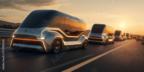 Modern Transport Image A photo of a solar powered electric vehicles on road in a line with sunset background Ai Generative