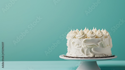 White birthday cake over blue background, copy space for text