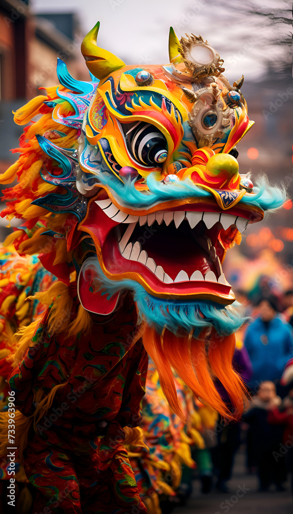 Lion mask at the chinese lunar new year parade in Paris.