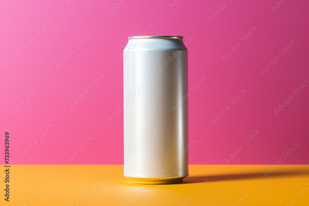 Blank white aluminum drink can on a colorful background. Generative AI. Blank white aluminum drink can on a colorful background. Generative AI.