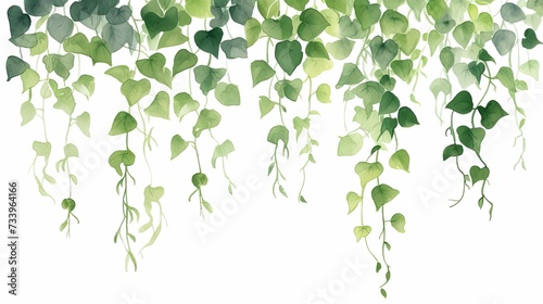 Fototapeta Naklejka Na Ścianę i Meble -  A beautiful watercolor boho vector art illustration wall art print pretty elegant hanging ivy garland vines, sparse leaves, romantic, dreamy, cute, lush green colors, healthy greenery, white flowers.