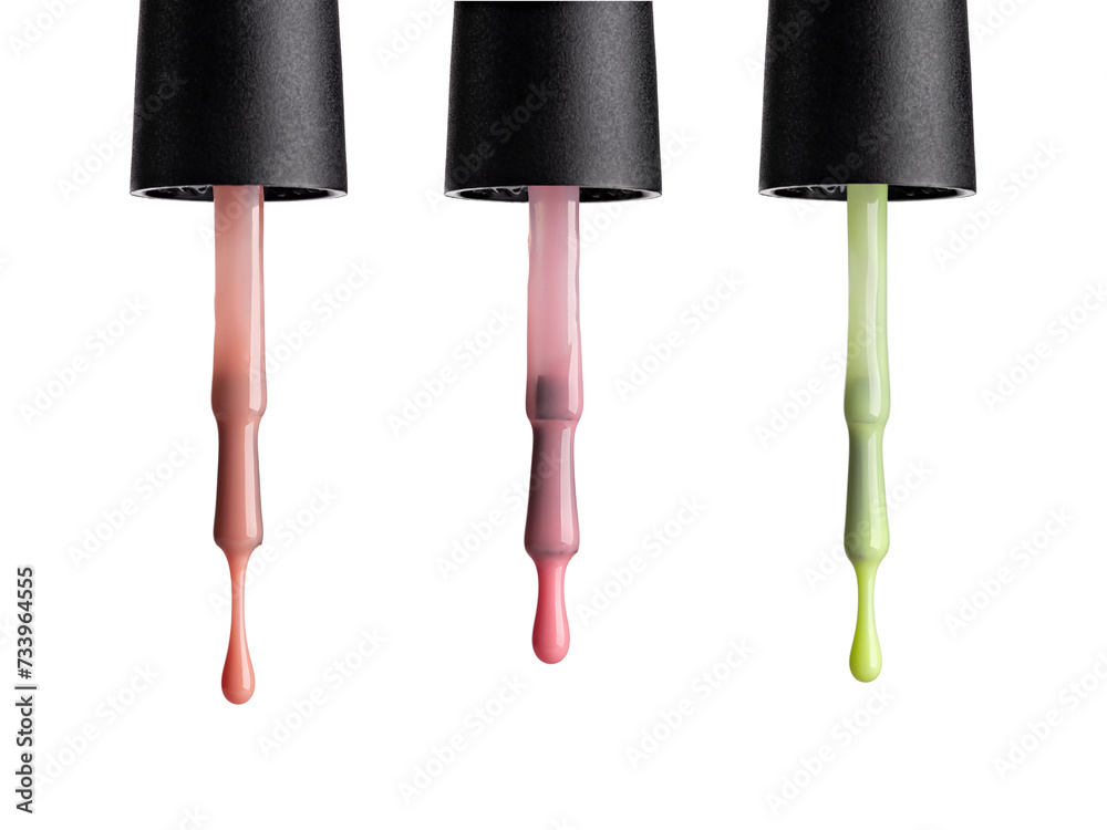 Set of three nail polish or uv gel brushes with drops - obrazy, fototapety, plakaty 