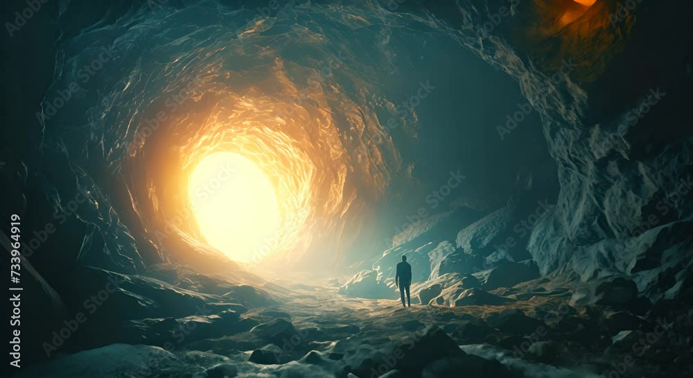 A person standing inside a cave illuminated by light from an opening. The concept of adventure and exploration.
