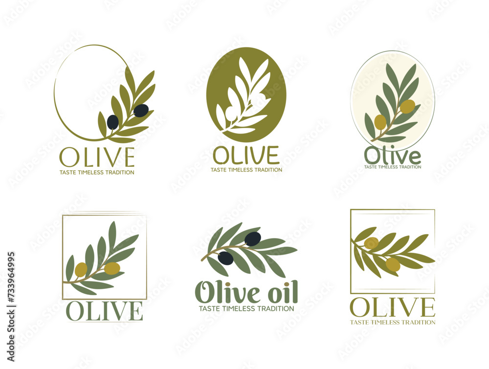 Set of vector logos of olive branch with leaves. Modern hand drawn vector olive oil icons. Branding concept for olive oil company, organic, eco-friendly oil products, culinary services