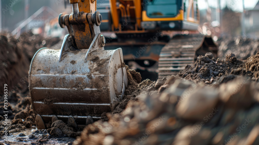 Selective focus on metal bucket teeth of backhoe digging soil. Backhoe working by digging soil at construction site. Crawler excavator digging on soil. Earth moving machine. Excavation vehicle 