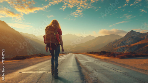Woman With Backpack Walking Down Middle of Road
