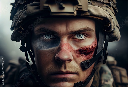 Soldier. Fighter. War. Battle. Battlefield. Russia. Ukraine. Army. Navy. Air force. Seal. Close-up. Warrior. Generative AI