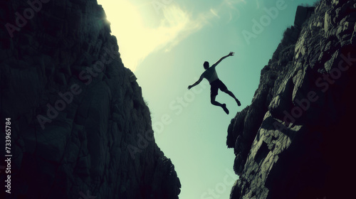 Silhouette of Enthusiastic man jumping between two cliffs in success and freedom concept 