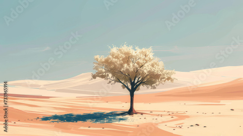 Single Green tree in the desert, illustration
