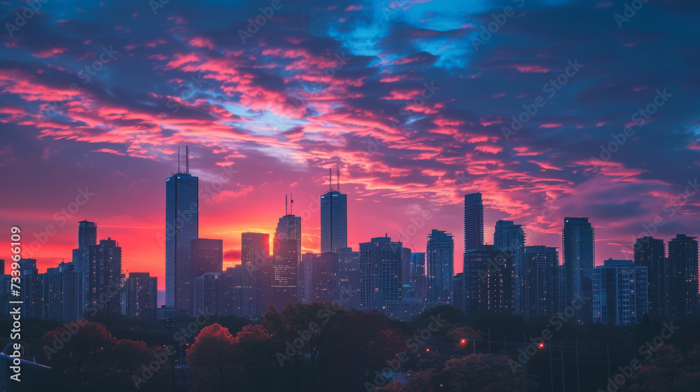 Skyline at Dusk. Silhouettes of Business Buildings during Sunset
