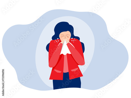 The sick woman has a runny nose, sneezing. Coughing sick girl. Virus, pneumonia, allergic reaction concept . Illustration in flat style