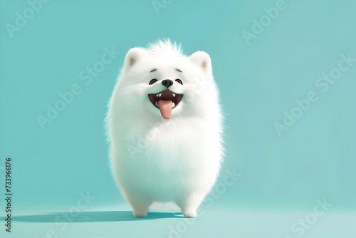 a small white dog on a blue background.