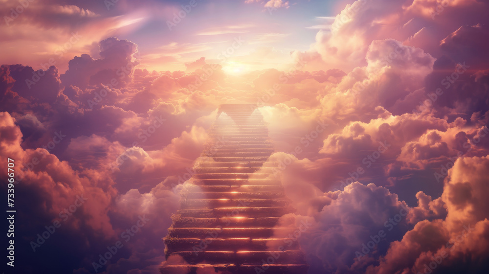 Stairway to heaven in heavenly concept. Religion background. Stairway to paradise in a spiritual concept. Stairway to light in spiritual fantasy. Path to the sky and clouds. God light 