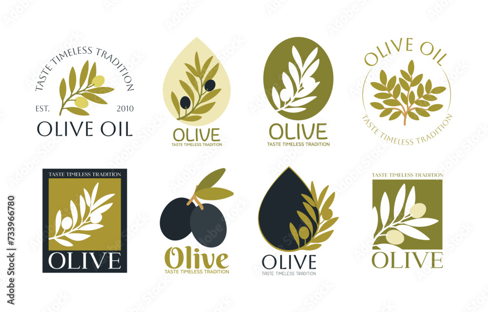 Set of vector logos of olive branch, tree, leaves and drops. Modern hand drawn vector olive oil icons. Branding concept for olive oil company, organic, eco-friendly products, culinary services