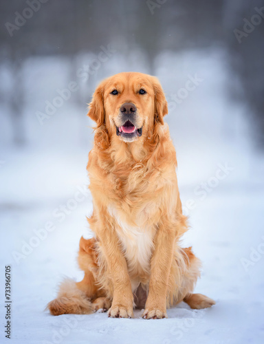 Golden Retriever dogs in a winter snowy forest under the snow on a snowy road © Виктория Дубровская