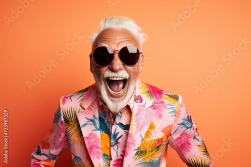 Handsome senior man in sunglasses and a colorful shirt posing over orange background.