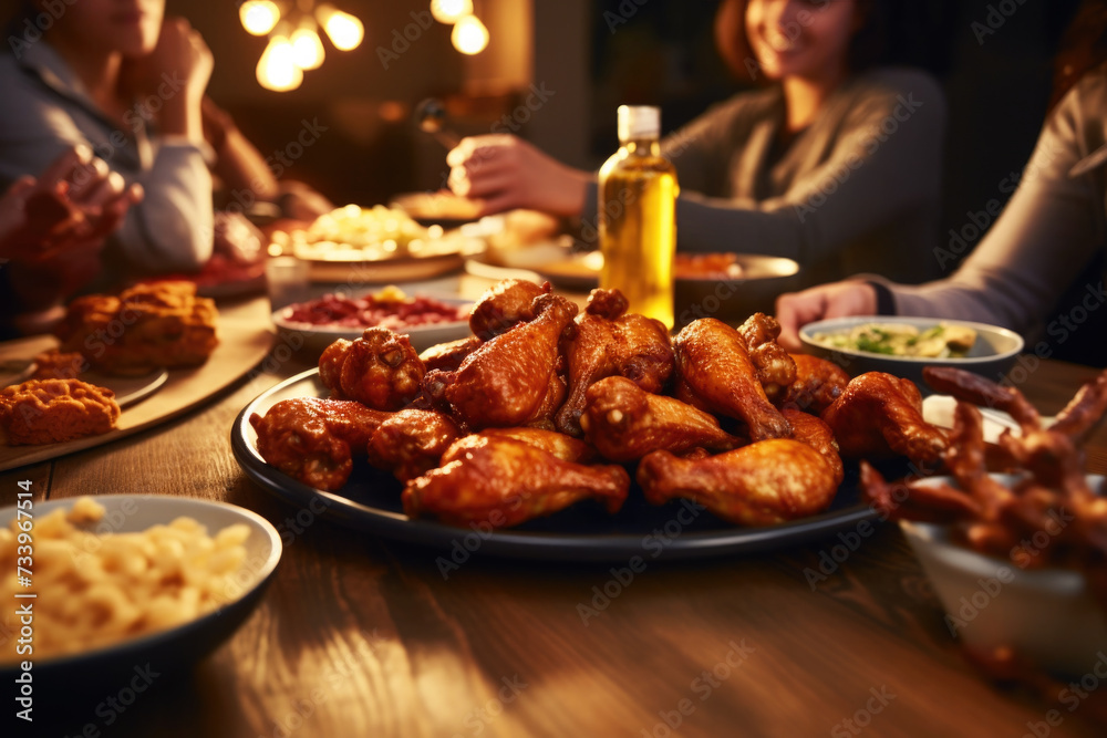 People enjoying a delicious meal, chicken wings and french fries while dining out People enjoying a delicious meal, chicken wings and french fries while dining out