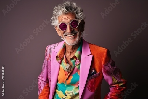 Portrait of a happy senior man with sunglasses and a colorful jacket.
