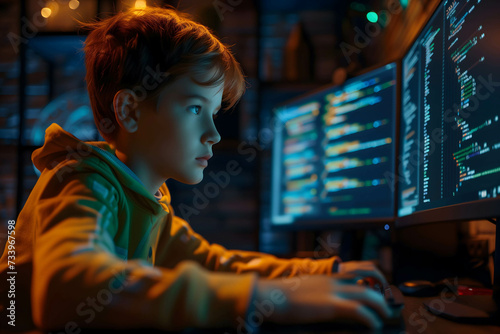 Focused developer kid coder working on computer looking at programming code data, investor or trader using data for trading stock market