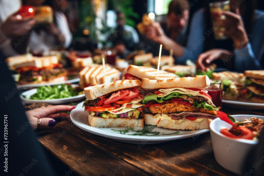 People enjoying a delicious meal, club sandwiches with ham and cheese while dining out