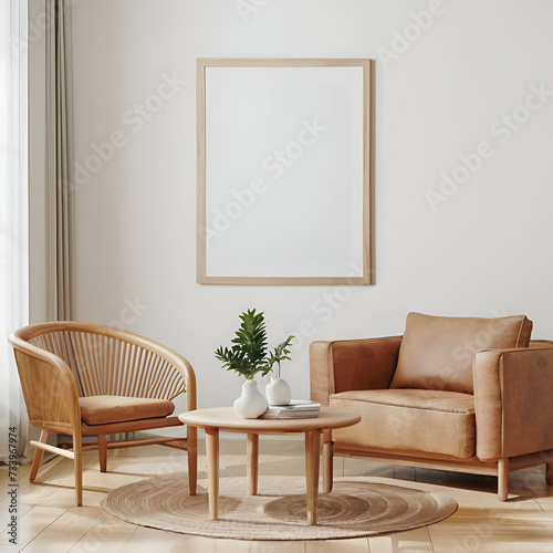 Round wooden coffee table near sofa and armchair against window and wall with blank mockup poster frame. Scandinavian interior design of modern living room.