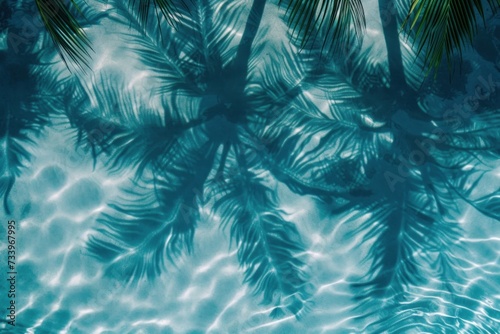 Shadows of tropical leaves on blue water and sand. View from above. Tropical banner with copy space. Abstract background for summer beach weekend.