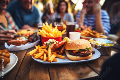 People enjoying a delicious meal, burgers, onion rings and french fries while dining out photo