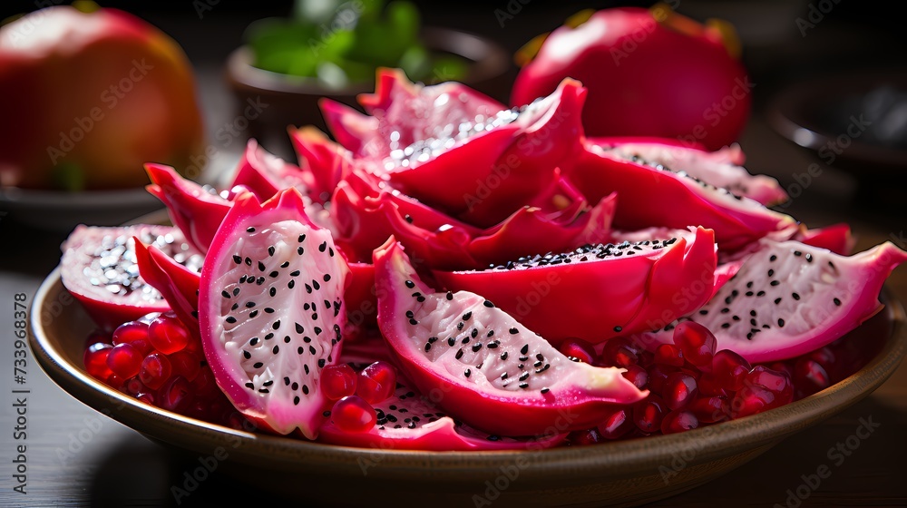 A plate of sliced red dragon fruit, showcasing its vibrant and unique appearance