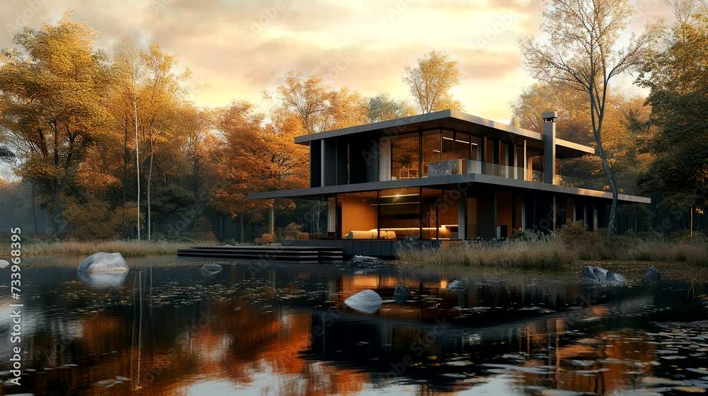 Riverside Serenity: Modern House by Calming River, Crafted by Generative AI Riverside Serenity: Modern House by Calming River, Crafted by Generative AI