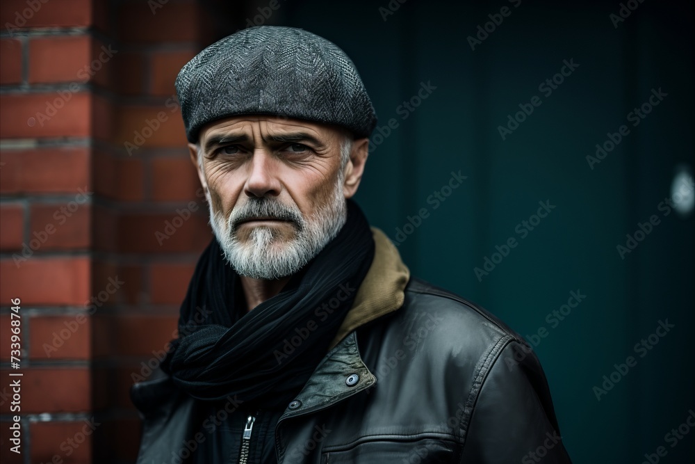 Portrait of an old man with a gray beard in a black jacket and a knitted cap on a brick wall background