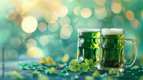 Two mugs of green ale on the table on a green-emerald background with a bokeh effect with an empty copy space for text, background for St. Patrick's Day
