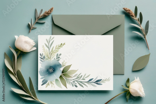 Blank paper wedding greeting card with blue flowers on of sage green background.