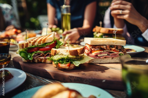 People enjoying a delicious meal, club sandwiches with ham and cheese while dining out