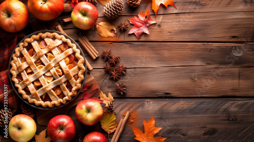 Fototapeta Naklejka Na Ścianę i Meble -  Thanksgiving background. Top view rustic wood table decor from apple and pumpkin pie, cinnamon, leaves. Autumn and fall background. Holiday food. Thanksgiving day or Halloween concept 