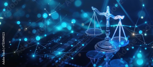 Illustration digital Scales Justice Scales on futuristic network blue neon background. Generated AI photo