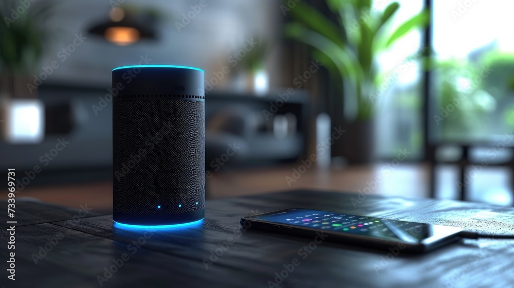 Closeup of smart portable wireless speaker and personal asistent, home smart device concept, technologies, gadget. Concept of smart home and automation
