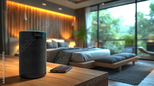 Home smart voice device. Closeup of a voice activated virtual assistant with an a powered parenting chatbot voice option. Smart ai speaker. Smart home concept