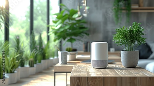 Home smart voice device. Closeup of a voice activated virtual assistant with an a powered parenting chatbot voice option. Smart ai speaker. Smart home concept