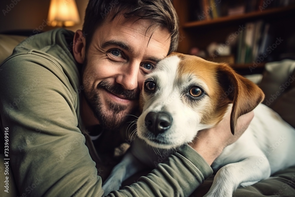 Man Hugging Jack Russell Terrier Dog at Home